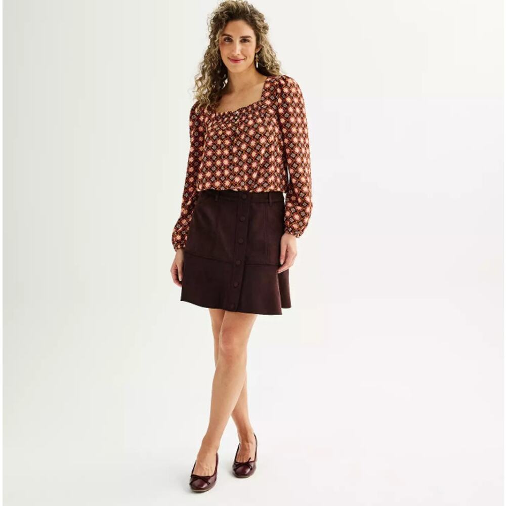 Draper James Women's Maroon‎ Geo Floral Diamond Squareneck Top Size Medium